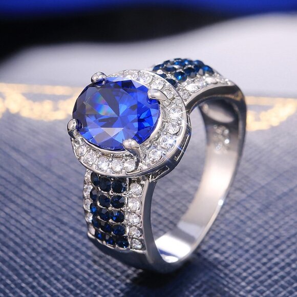 Royal Blue Oval Zircon Multi Row Elegant Silver Trendy Rings for Women, PD550 - Picture 1 of 7